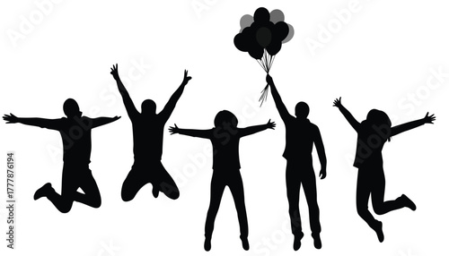 Silhouette of five people jumping in the air with balloons