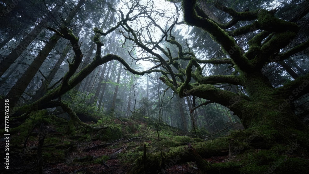 Obraz premium A moss-covered, gnarled tree in a misty forest. Concept Mossy Tree, Gnarled Trunk, Misty Forest, Moody Nature, Forest Atmosphere