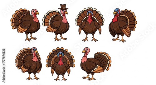 A delightful gathering of cartoon turkey birds with festive plumage, ideal for Thanksgiving celebrations and other joyful events.  vector illustration