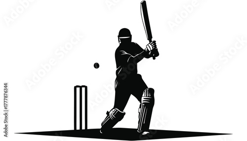 Silhouette of a cricket batsman hitting a ball with wicket and stumps in the background