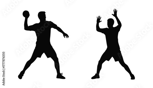 Silhouette of two handball players in action, one throwing a ball and the other defending