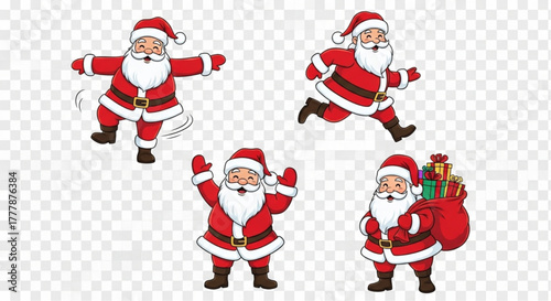 Santa Claus in various action poses, embodying the joyful spirit of Christmas and the holiday season. The jolly figure with a beard and red suit, holding gifts. vector illustration