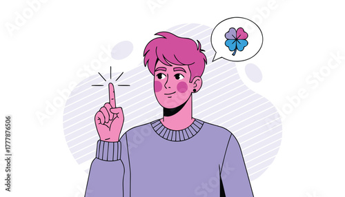 A young man with pink hair points his finger up, thinking about a fourleaf clover, symbolizing luck and good fortune