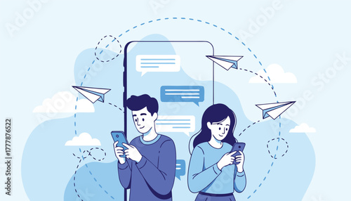 Young couple communicating via smartphone with chat bubbles and paper airplanes symbolizing message delivery in a modern flat design style