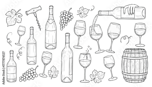 Collection of handdrawn winerelated elements including bottles, glasses, grapes, corkscrew, and barrel