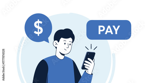 Man using a smartphone to pay for something online, with a dollar sign and pay button