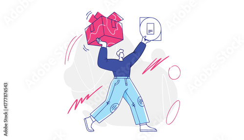 Man holding a box with abstract shapes and a phone icon