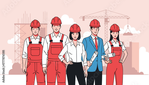A diverse team of construction professionals, including architects and engineers, stand together at a building site, showcasing collaboration and expertise in the industry