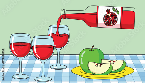 A bottle of pomegranate juice is poured into three wine glasses, with a green apple and slices on a plate nearby