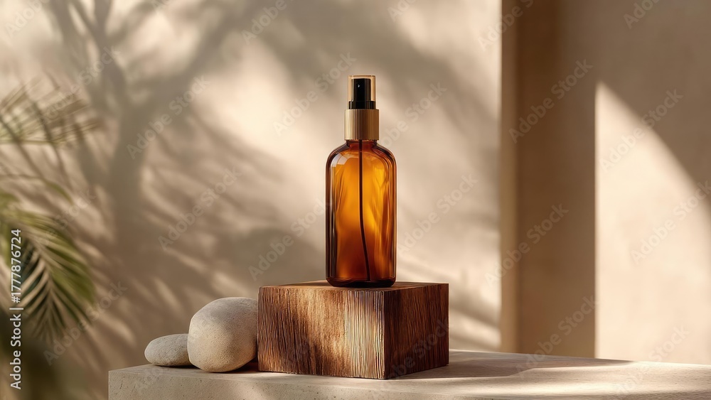 Fototapeta premium Amber glass spray bottle on a wooden block with smooth stones in a warm, sunlit neutral setting. Concept Amber glass spray bottle, Wooden block and smooth stones, Warm sunlit neutral setting