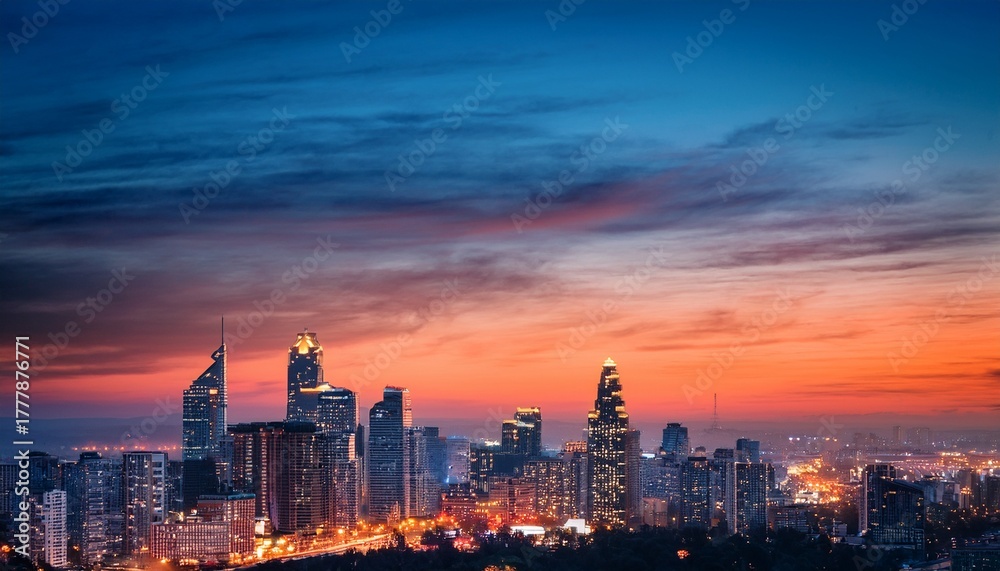Fototapeta premium impressive city skyline illuminated by evening twilight ambiance