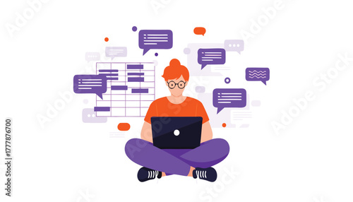Young woman with glasses and orange shirt sitting crosslegged with a laptop, surrounded by purple chat bubbles and a calendar grid