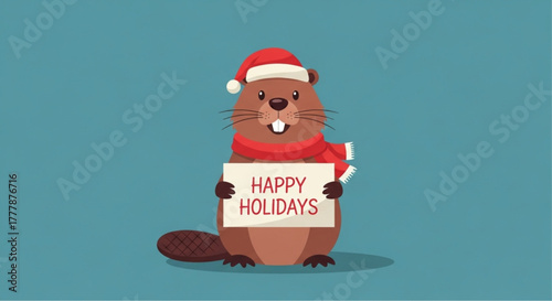 A festive beaver donning a Santa hat and a cozy scarf extends holiday wishes with a charming sign, against a serene backdrop. vector illustration