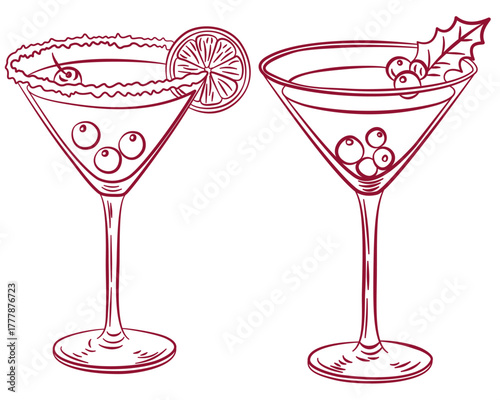 Set of two vector red glasses with martini. Glass for Xmas, New year or winter holidays. Vector line art winter drink. Glass of martini with lemon and holly berries