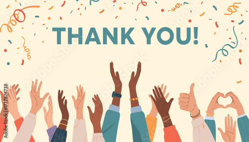 A diverse group of people raising their hands in applause and celebration, with confetti falling and the words thank you prominently displayed