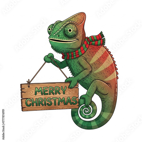 A charming Christmas chameleon, adorned with a festive scarf, cheerfully holds a wooden sign that wishes all viewers a Merry Christmas, embodying the holiday spirit. vector illustration