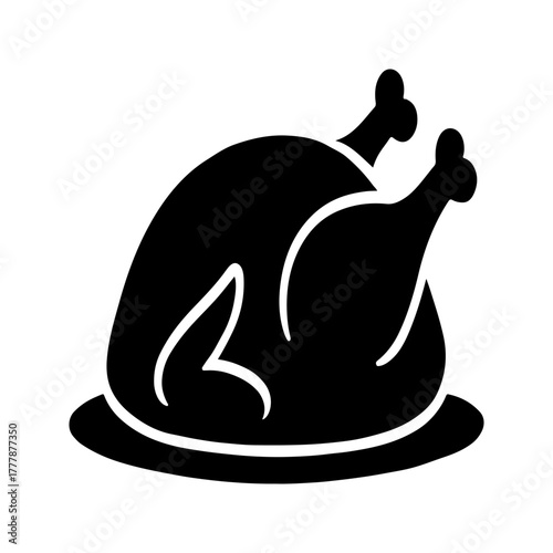 Simple black silhouette icon of a whole roasted chicken or turkey presented on a platter perfect for food menus recipes and holiday celebrations