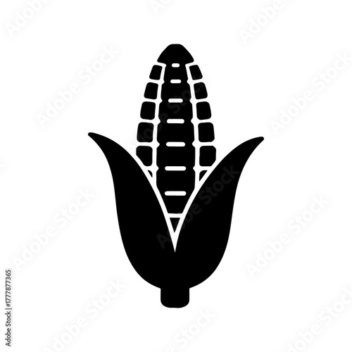 Simple black silhouette icon of a ripe ear of corn with green husks representing agriculture and healthy food isolated on a transparent background for easy use in design projects