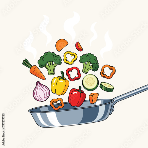 Fresh vegetables flying out of a frying pan, healthy cooking concept