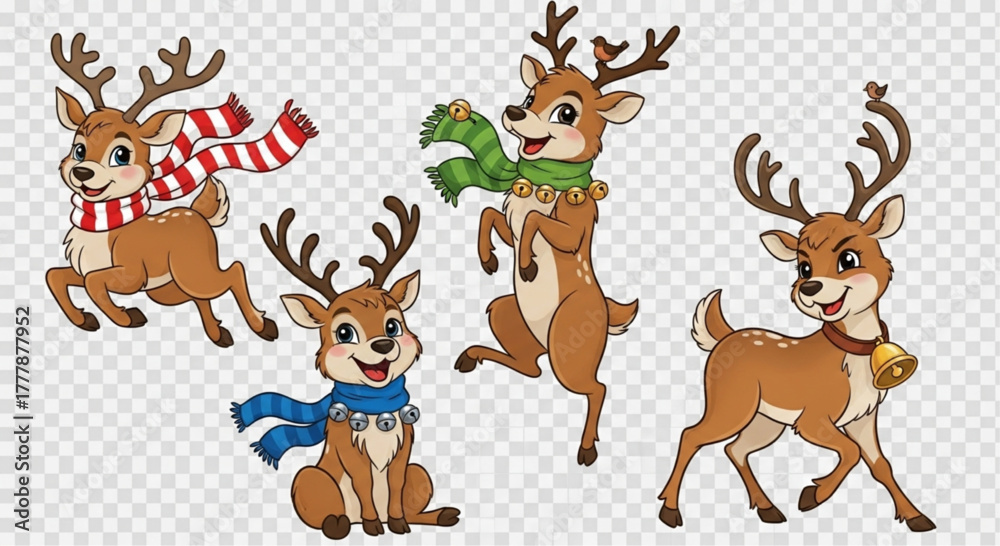 Naklejka premium A charming group of festive reindeer in different poses with adorable expressions, each adorned with a unique scarf, against a transparent background. vector illustration