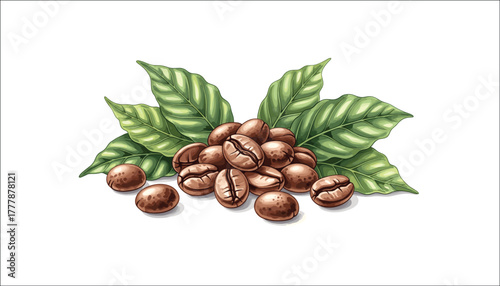 Watercolor coffee plant elements beans and green leaves illustration for cafe packaging decoration