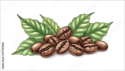 Watercolor coffee plant elements beans and green leaves illustration for cafe packaging decoration