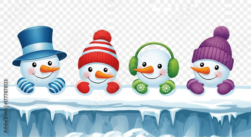 Four cheerful snowmen, adorned with charming winter accessories, stand together on a frozen ledge. This delightful scene captures the magic of winter. vector illustration