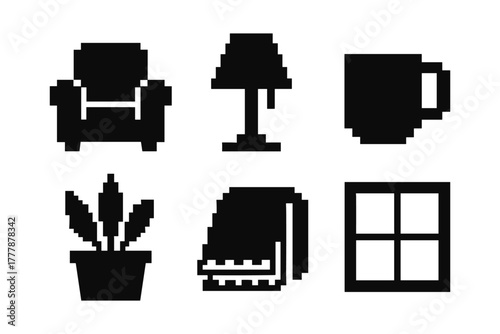 Retro pixel icons of chair, lamp, mug, plant, book, and window for digital spaces