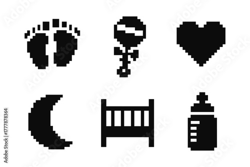 Pixel baby icons: footprints, balloon, heart, moon, crib, bottle in black and white