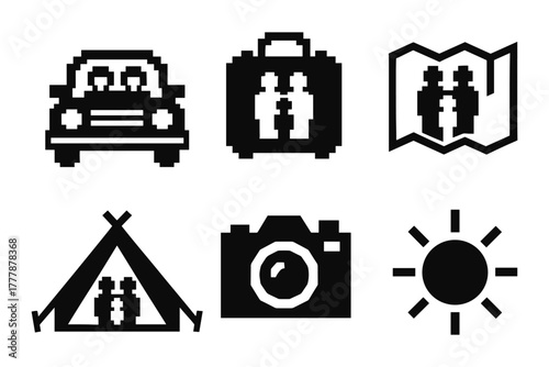 Pixel art travel icons: car, luggage, map, tent, camera, sun