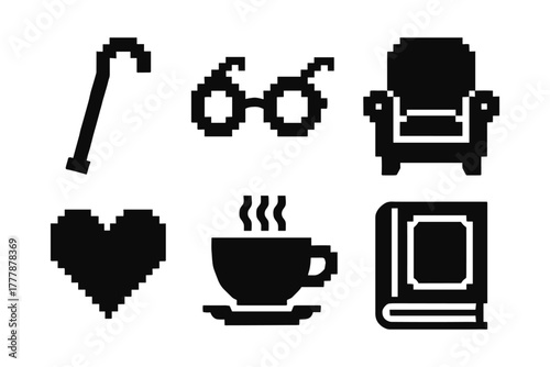 Retro pixel icons set: cane, glasses, armchair, heart, coffee, book