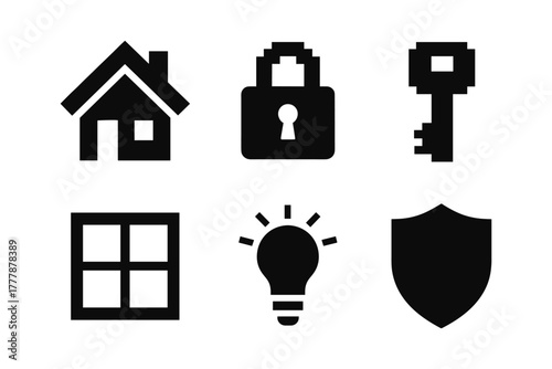 Set of security and home icons in black silhouette style