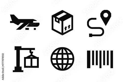Simple logistics icons including airplane, box, route, crane, globe, and barcode