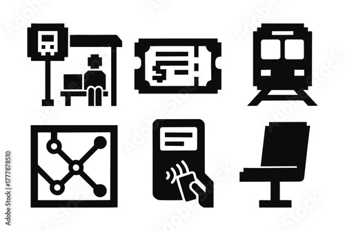 Public transport icons: bus, train, ticket, network, contactless, seating