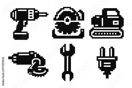 Retro pixel art of power tools icons collection in black and white