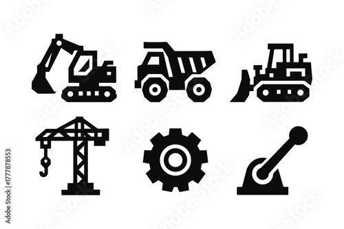 Construction equipment icons: excavator, dump truck, bulldozer, crane, gear, lever