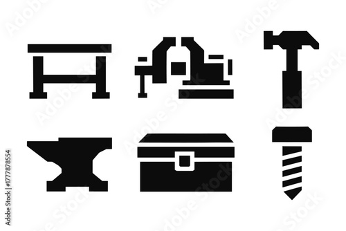 Blacksmith tools silhouette: hammer, forge, anvil, vise, and screw