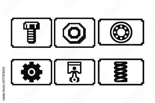 Retro pixel art icons of industrial parts in monochrome