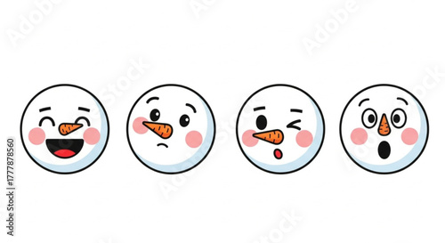 Whimsical snowman emojis express a range of emotions, including happiness, sadness, surprise, and a playful wink. vector illustration
