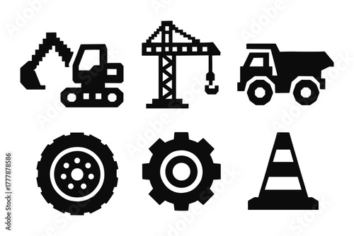 Construction equipment silhouettes: crane, excavator, truck, gear, wheel, cone