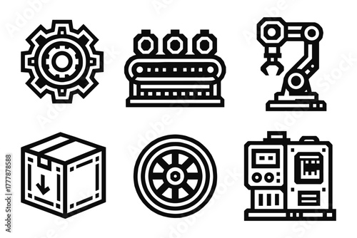 Industrial line art icons: gear, assembly line, robot arm, box, wheel, machine