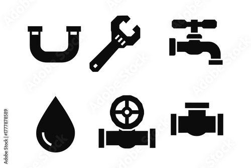 Black and white plumbing tools and fixtures icons collection
