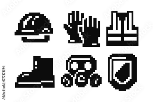 Retro pixel art construction icons for safety gear and equipment