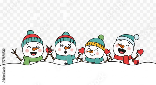 A cheerful gathering of cartoon snowmen, each adorned with a hat and scarf, embodies winter fun. Capturing their unique expressions of holiday cheer, they bring joy. vector illustration