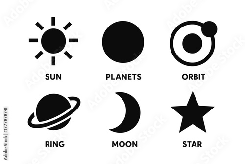 Minimalist space icons set: sun, planets, orbit, ring, moon, star in monochrome