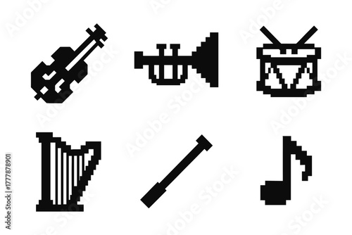 Retro pixel art music icons: violin, trumpet, drum, harp, microphone, note