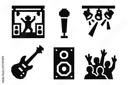 Concert icons collection featuring music performance silhouettes and audio equipment