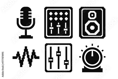 Retro audio icons set: microphone, speaker, equalizer, waveform, volume dial in pixel art style