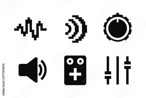Minimal audio control icons set with simple bold shapes for music interface design