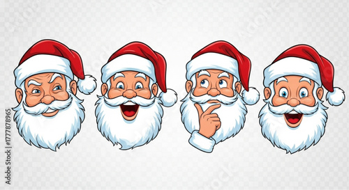 A collection of various Santa Claus head expressions, from jolly to thoughtful, conveying the spirit of Christmas and seasonal joy. vector illustration